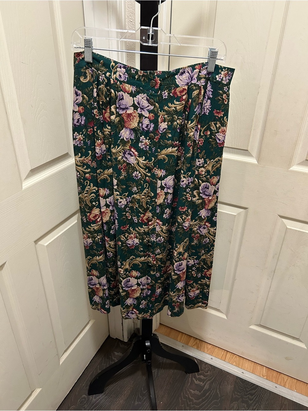 VTG 90s Napa Valley Floral Pleated Midi Skirt Whimsigoth Cottagecore Dark Green